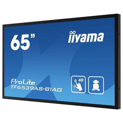 Affichage 'ProLite TF6539AS-B1AG' de 65 pouces par iiyama, doté de capacités multi-tactiles pour jusqu'à 40 utilisateurs, conçu pour une utilisation interactive.