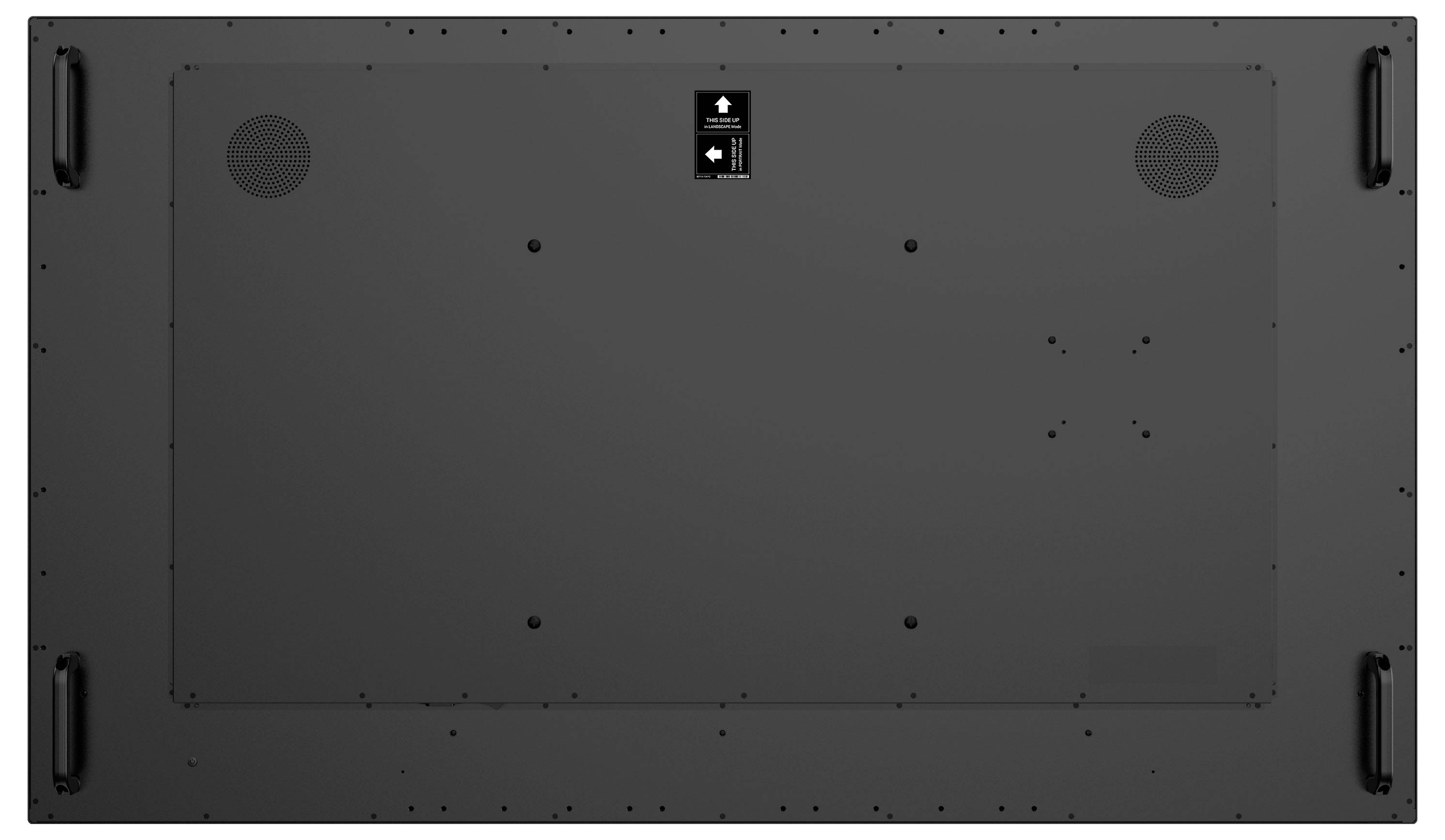 L'image montre la vue arrière d'un grand téléviseur à écran plat avec des trous de montage visibles et des grilles d'enceintes de chaque côté.