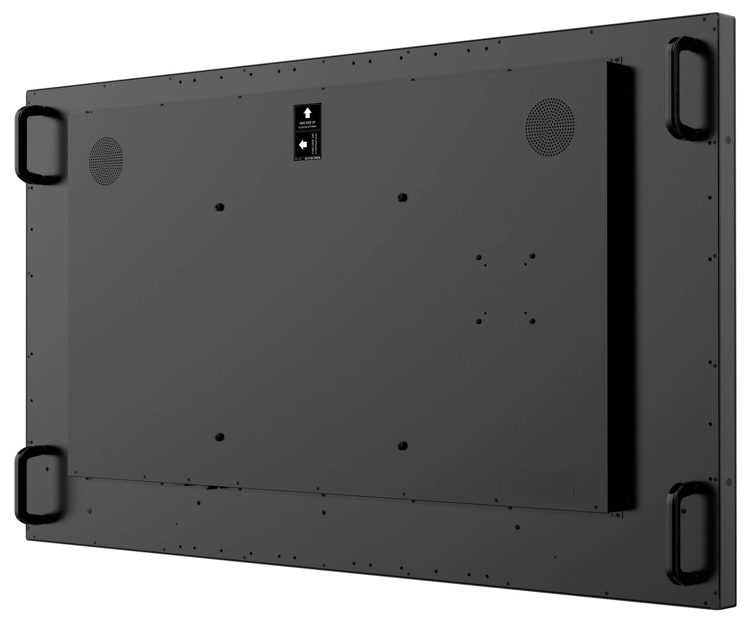 Vue arrière d'un grand écran plat avec supports de montage et trous de ventilation, conçu pour une installation murale.