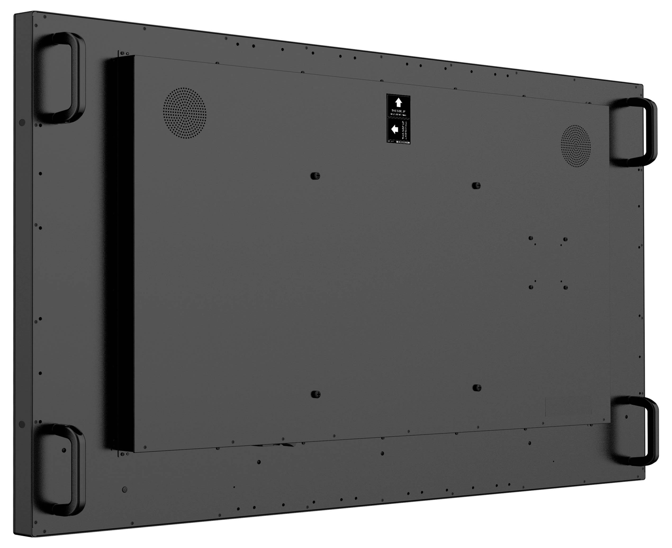 L'image montre la vue arrière d'un grand panneau rectangulaire noir, comportant quatre poignées, des évents et un boîtier central.