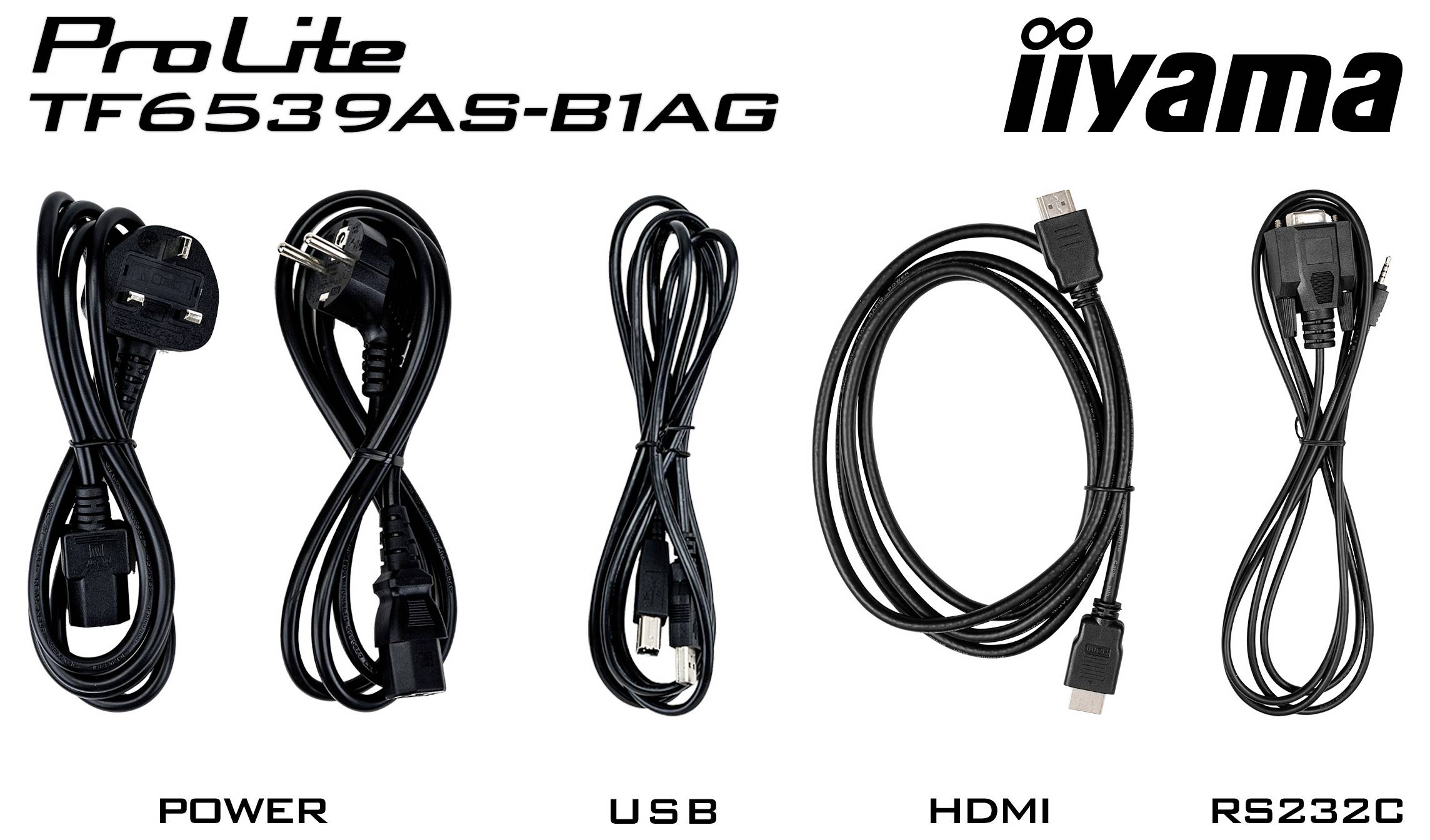 Image montrant les câbles pour 'ProLite TF6539AS-B1AG' : deux cordons d'alimentation, un câble USB, un câble HDMI et un câble RS232C.