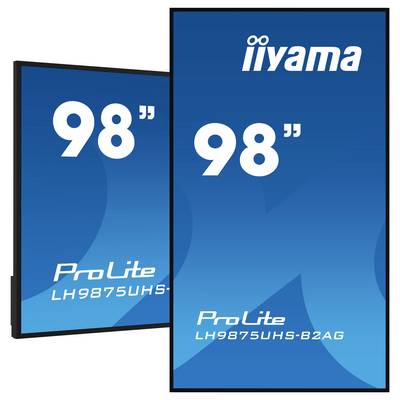 Deux grands écrans Iiyama ProLite sont affichés, mesurant chacun 98 pouces, modèle LH9875UHS-B2AG. Ils sont présentés en orientation portrait.