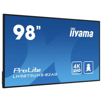 Moniteur iiyama ProLite 98" 4K UHD, modèle LH9875UHS-B2AG affiché sur un fond bleu.