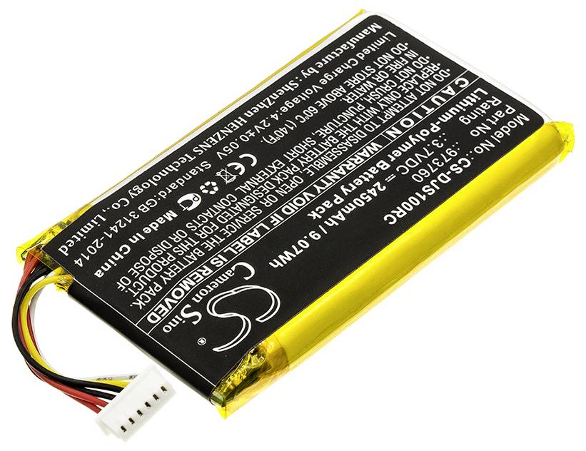 Batterie lithium-polymère rectangulaire avec étiquette noire, spécifications techniques et avertissements imprimés en blanc.