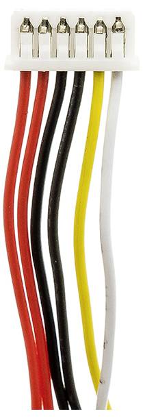 Connecteur de câble avec six fils de couleurs - rouge, noir, jaune et blanc - se terminant dans un boîtier de connexion blanc.