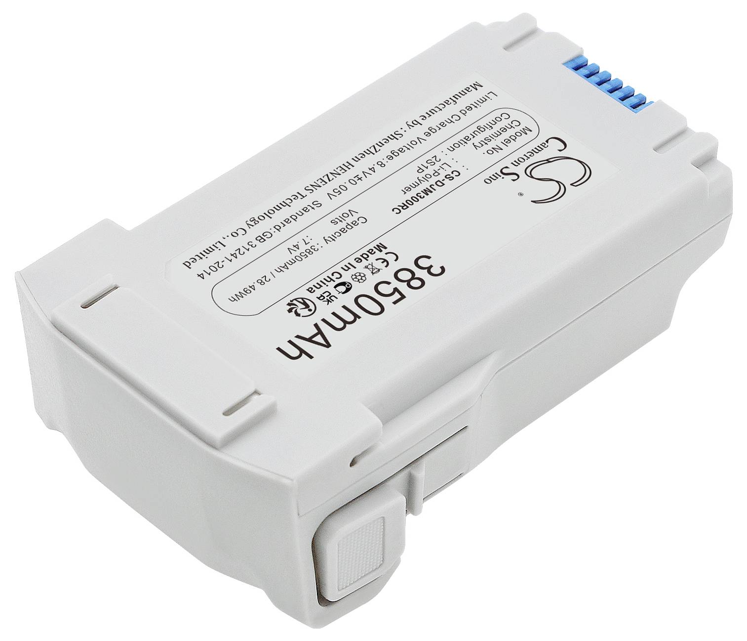 Pack de batterie de 3850 mAh de capacité pour divers modèles, boîtier blanc, affichant les spécifications techniques sur la face avant.