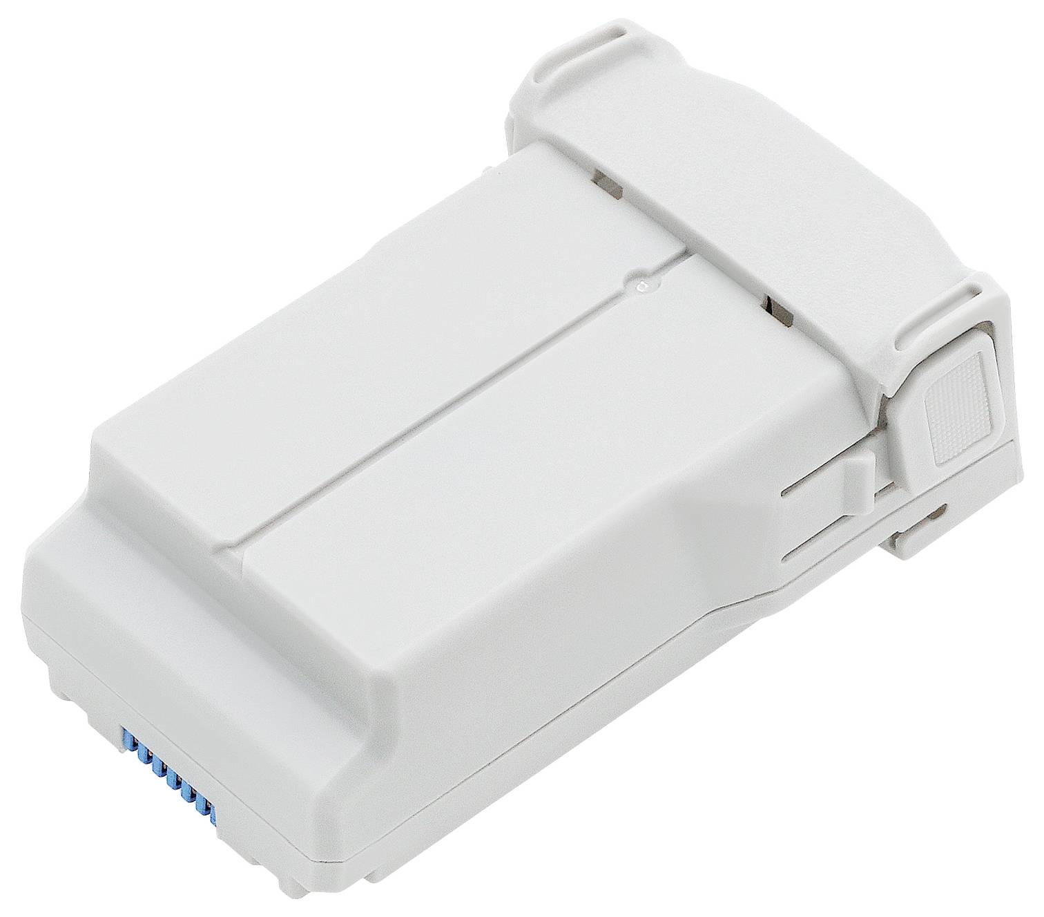 Une batterie grise rectangulaire avec des contacts bleus à une extrémité, probablement destinée à être utilisée dans des appareils électroniques.