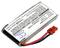 Batterie lithium-ion rectangulaire avec des fils de connexion rouges et noirs et un connecteur rouge, avec un texte adjacent décrivant les spécifications.