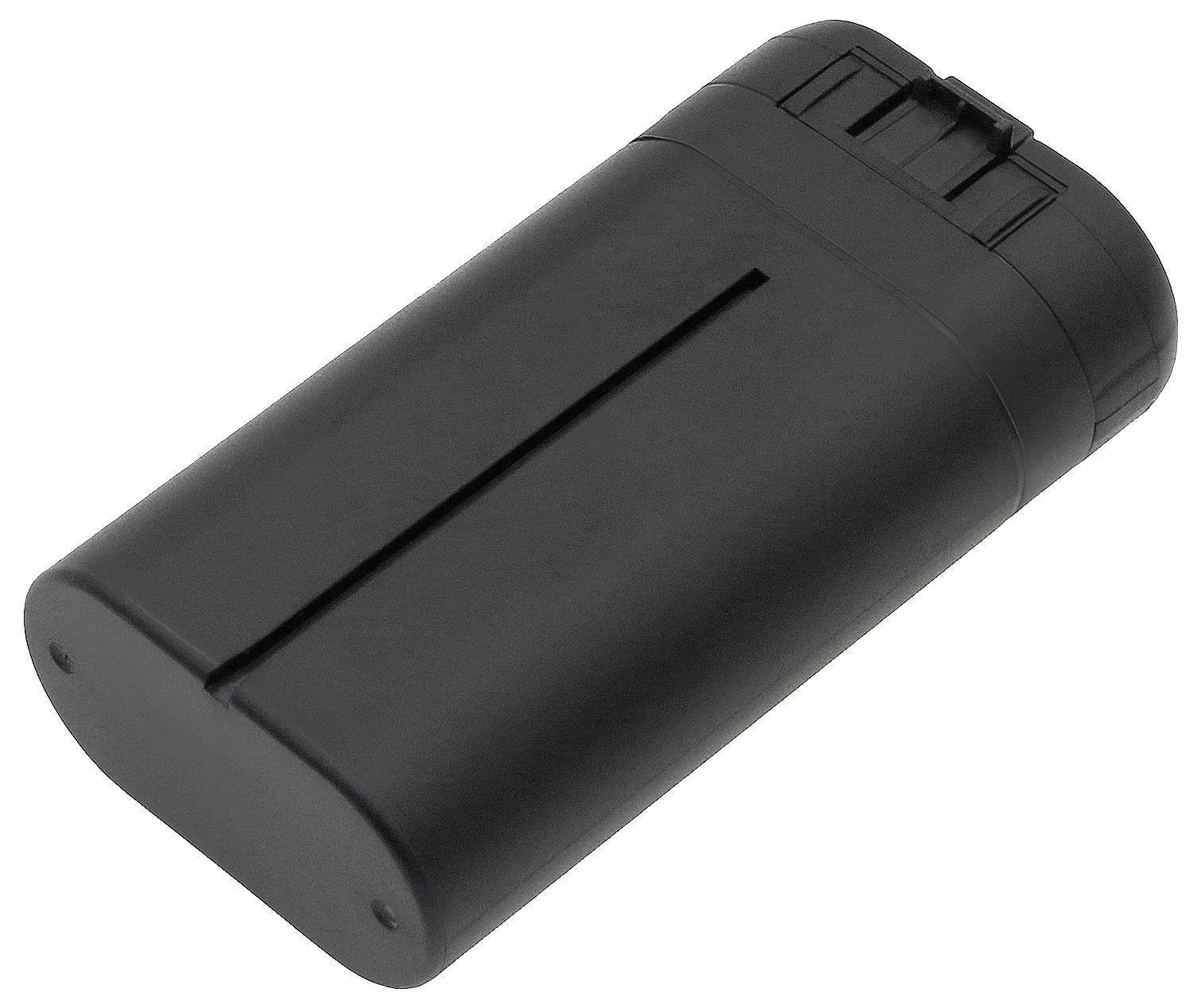 Batterie noire, rectangulaire, aux coins arrondis et avec des contacts supérieurs, adaptée à un appareil électronique.