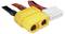 Un connecteur XT60 jaune et un connecteur JST blanc avec des câbles connectés sont représentés. Ils sont fréquemment utilisés dans des applications électroniques.
