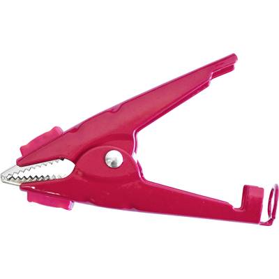 Une pince crocodile rouge en plastique et en métal, ouverte, utilisée pour maintenir ou connecter des fils électriques ou des composants.