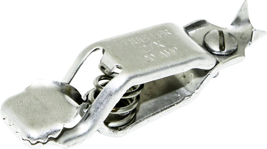 Une pince à fil en argent avec une vis sur le dessus et un ressort en dessous, destinée à serrer des connexions de fils.