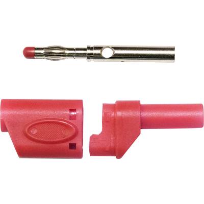 Connecteur rouge avec contact métallique et boîtier en plastique, présenté en deux parties.