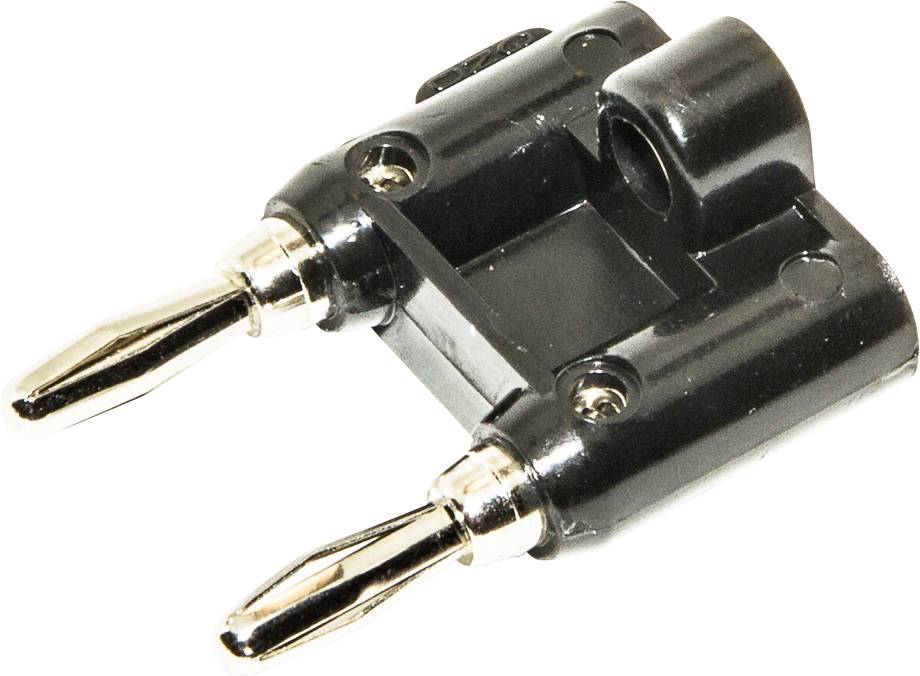 Un adaptateur noir pour prise banane avec deux contacts dorés côte à côte, destiné à la connexion de câbles audio.