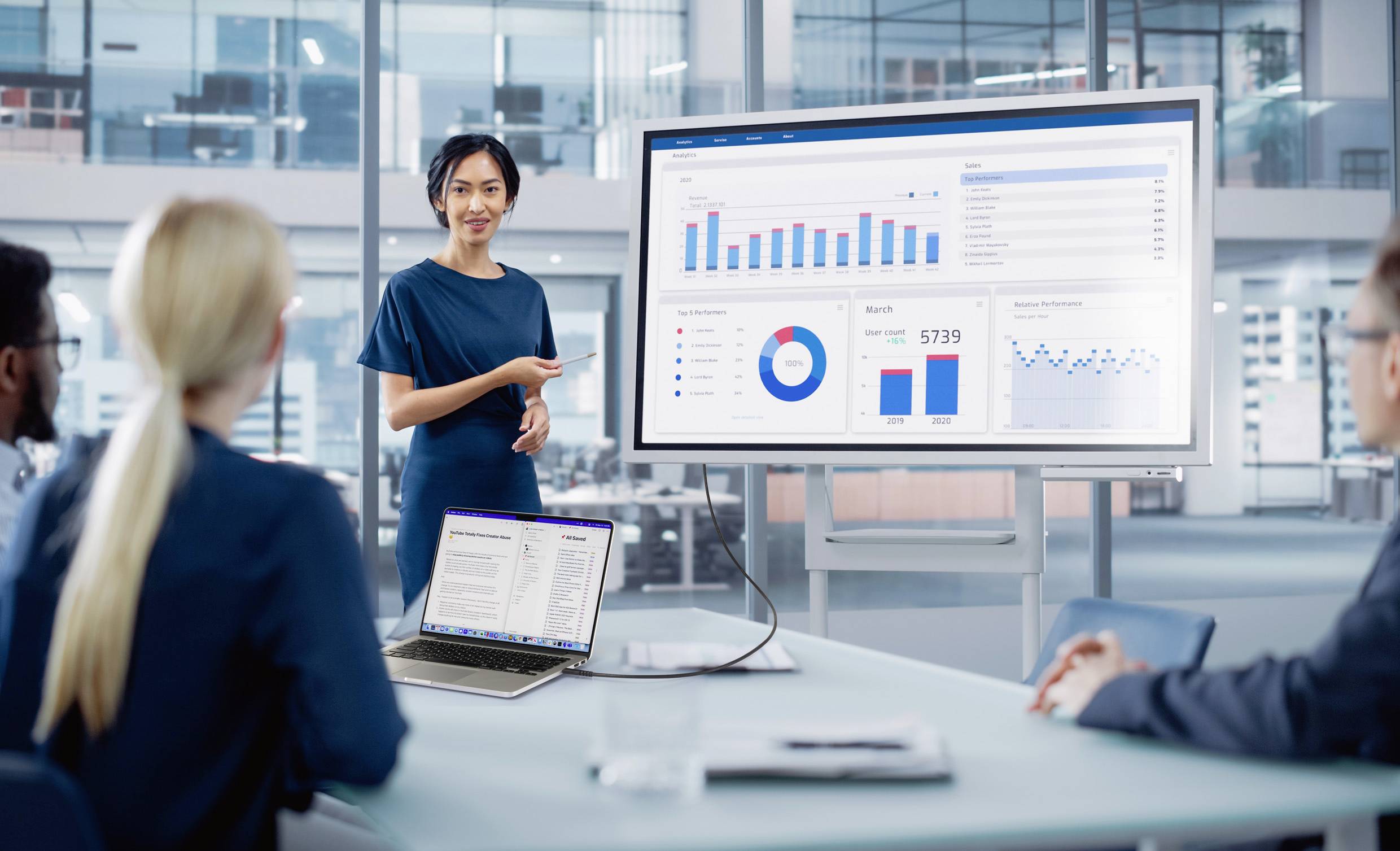 Une femme d'affaires présente des analyses de données visuelles sur un grand écran pour une petite équipe dans un bureau moderne.