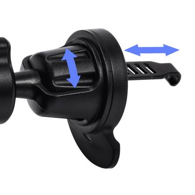 Pièce en plastique noir avec des doubles flèches bleues indiquant les possibilités de réglage vertical et horizontal.