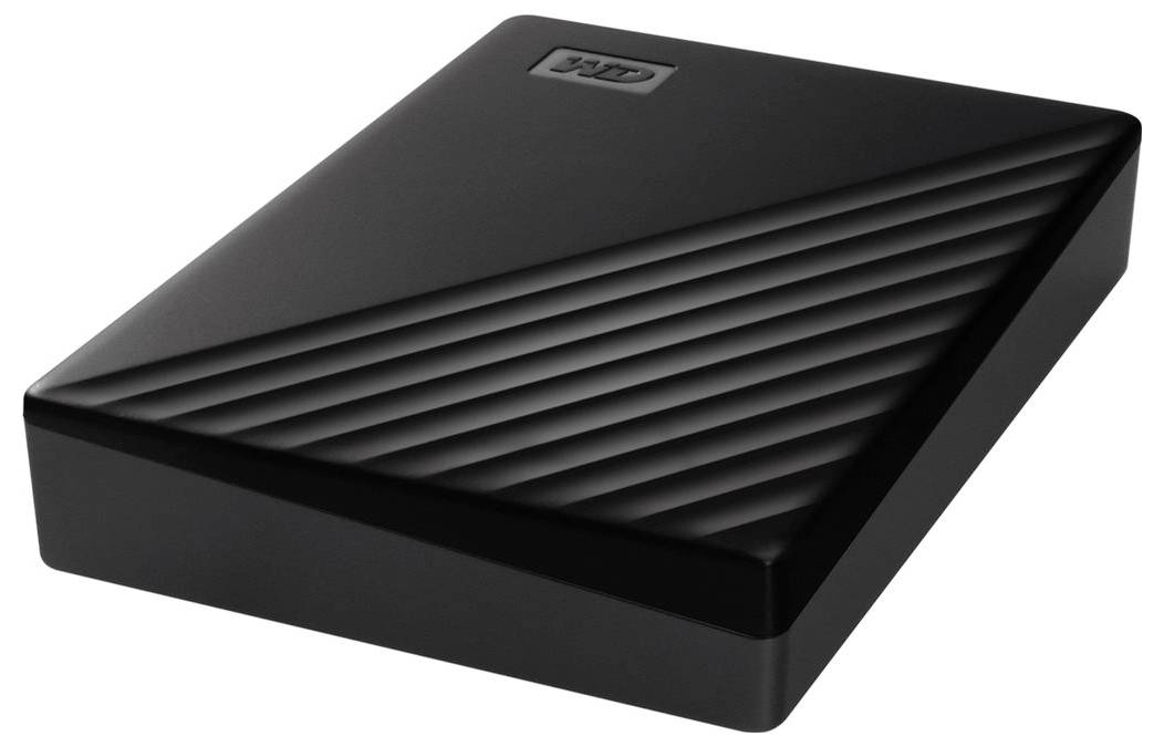 Disque dur externe noir avec des rayures diagonales sur la surface et un logo de marque.