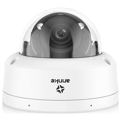 Caméra de surveillance dans un boîtier hémisphérique blanc, positionnée verticalement. Adaptée pour des usages de sécurité intérieure.