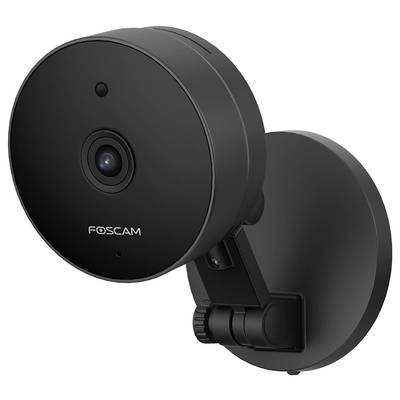 Une caméra de sécurité noire de la marque Foscam, montée sur un mur, avec un design circulaire et un objectif au centre.