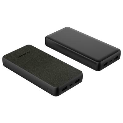 Deux batteries externes noires aux coins arrondis, l'une montrant le dessus avec le nom de la marque, l'autre présentant trois ports USB sur le côté.