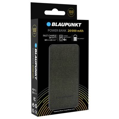 Batterie externe Blaupunkt de 20 000 mAh. Inscription 'Charge Rapide 20 Watts', charge les smartphones à cinquante pour cent en 25 minutes.