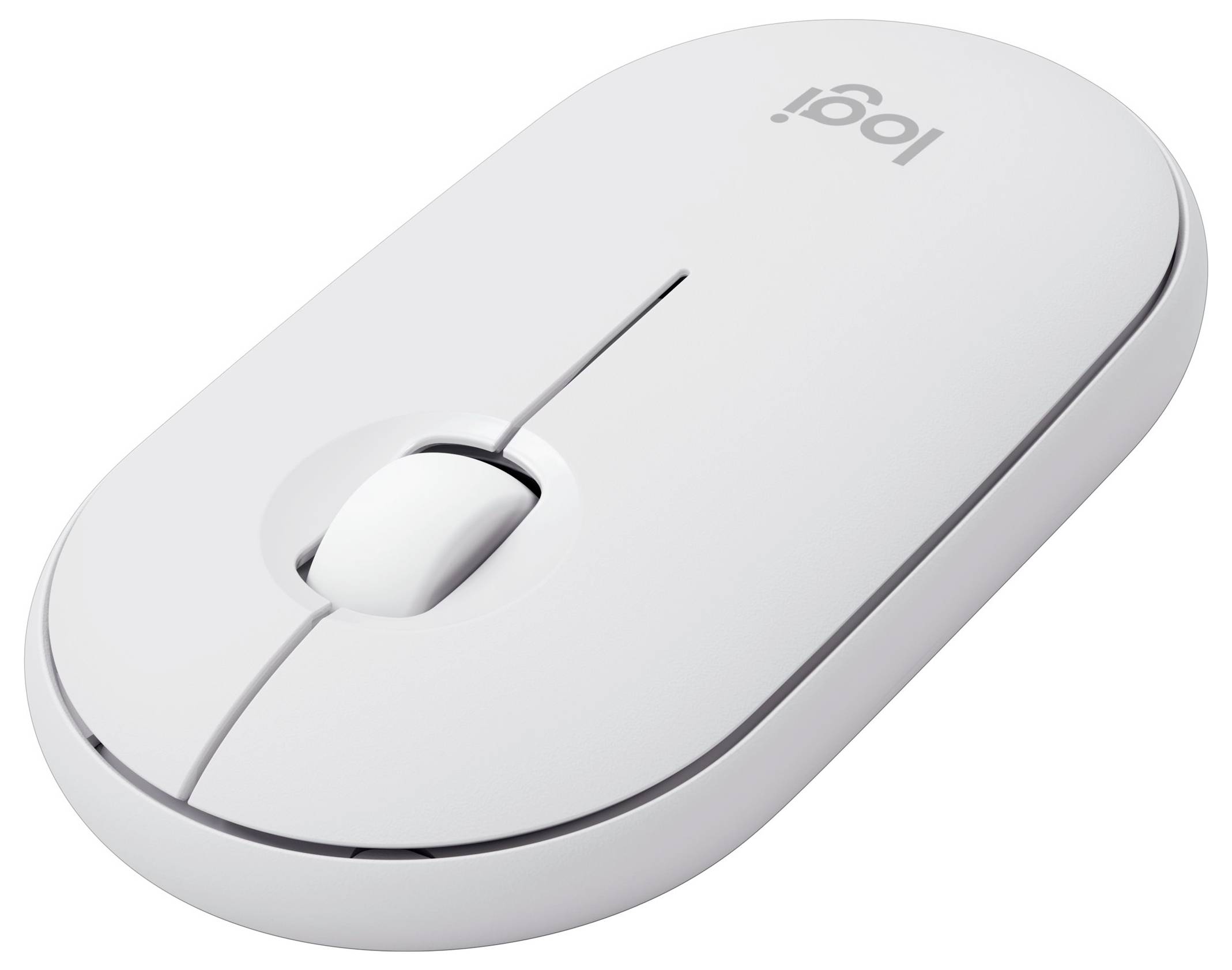 Souris d'ordinateur blanche sans fil au design élégant et moderne, avec une molette de défilement centrale.