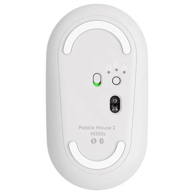 Dessous d'une souris d'ordinateur avec deux grandes surfaces antidérapantes, un bouton de capteur et des symboles de connexion. Modèle : Pebble Mouse 2 M350s.