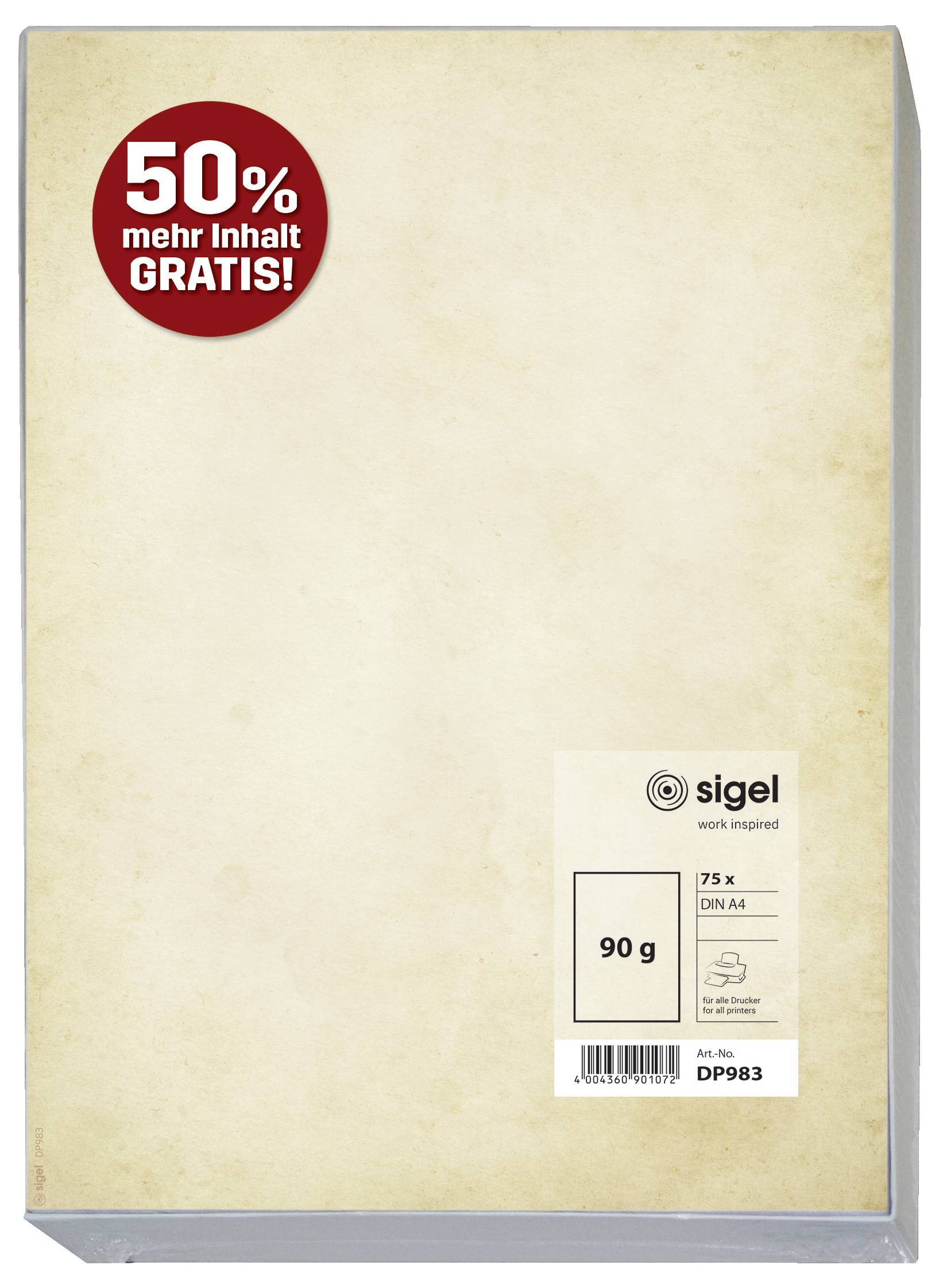 Un paquet de papier au format DIN A4 de la marque Sigel. Étiquette en haut à gauche : « 50 % de contenu en plus GRATUIT ! ».