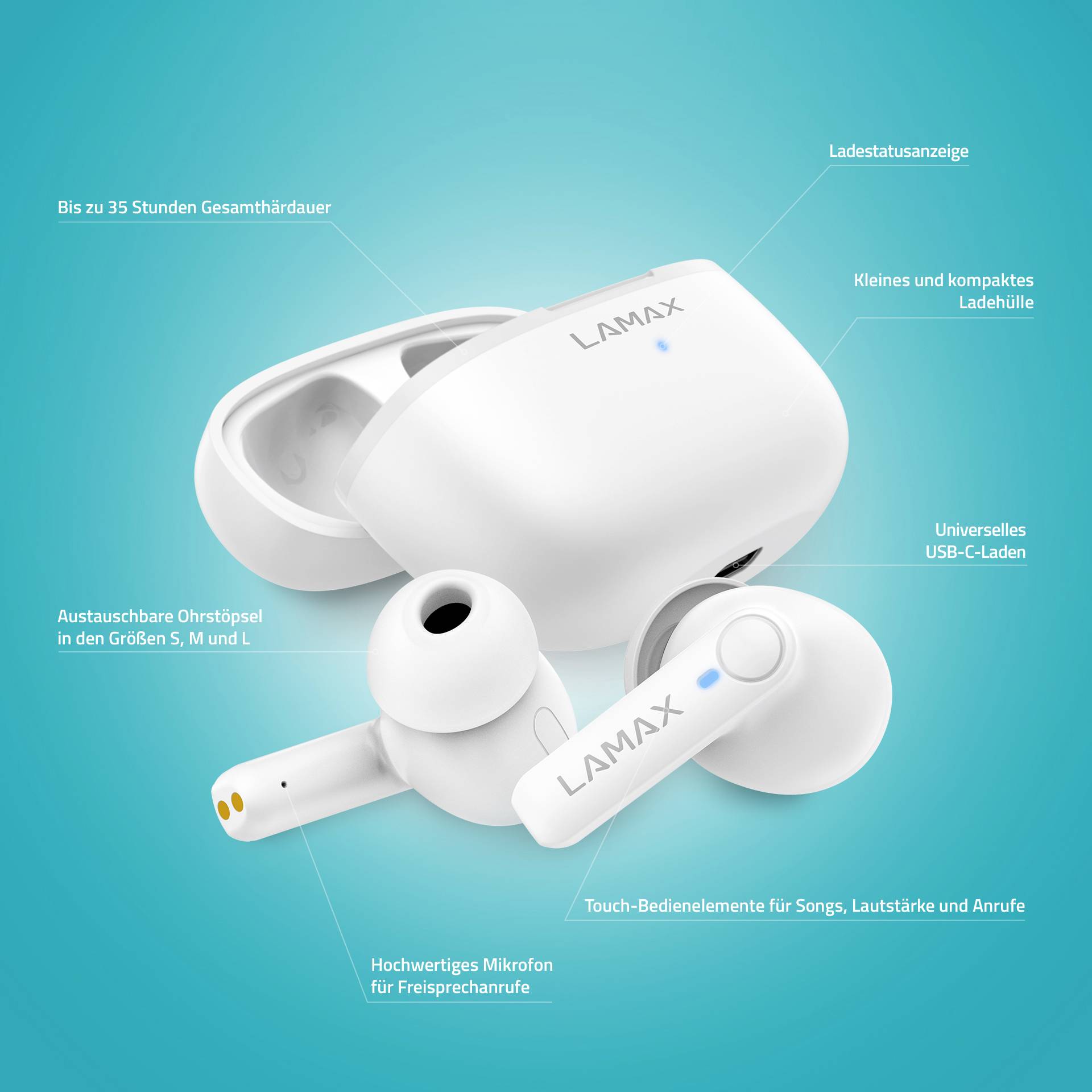 Écouteurs sans fil blancs intra-auriculaires avec boîtier de charge. Fonctions : jusqu'à 35 h d'autonomie, embouts interchangeables, charge USB-C, microphone, contrôle tactile.