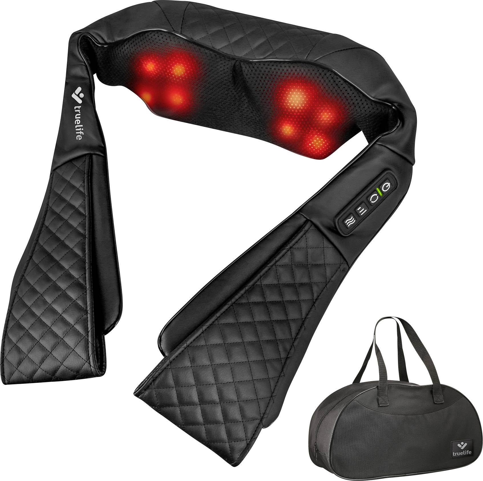 Appareil de massage noir pour les épaules et la nuque avec des éléments chauffants rouges et lumineux. Un sac de transport est également présenté.