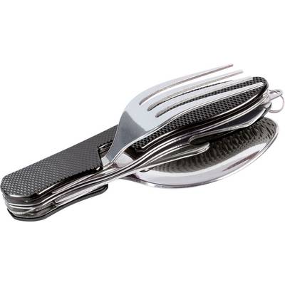 Un outil multifonction pliable comprenant une cuillère, une fourchette et un couteau en métal, adapté au camping ou aux voyages.