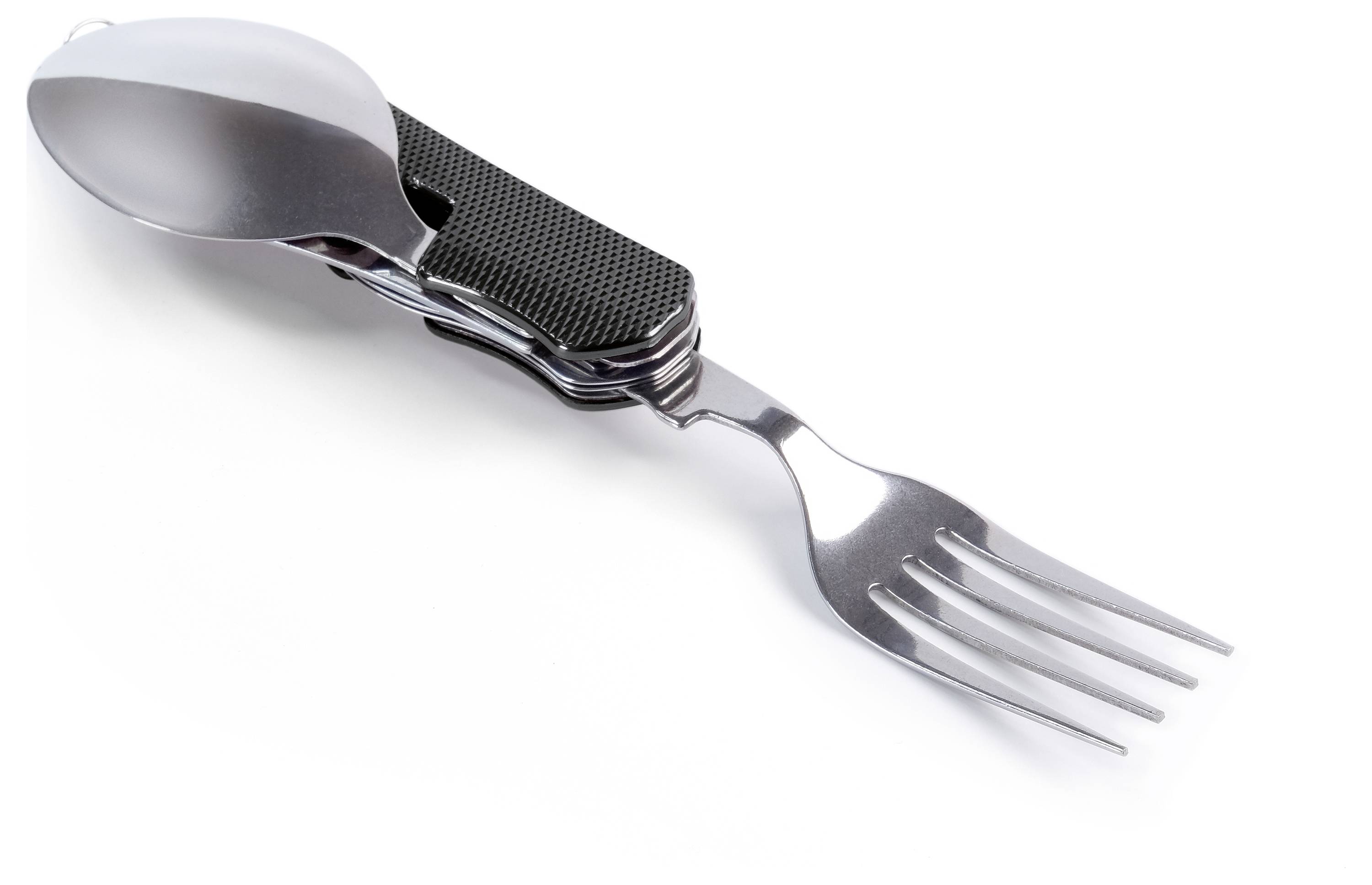 Un outil multifonctionnel de repas combine une cuillère et une fourchette, avec des parties métalliques pliables et une poignée noire.