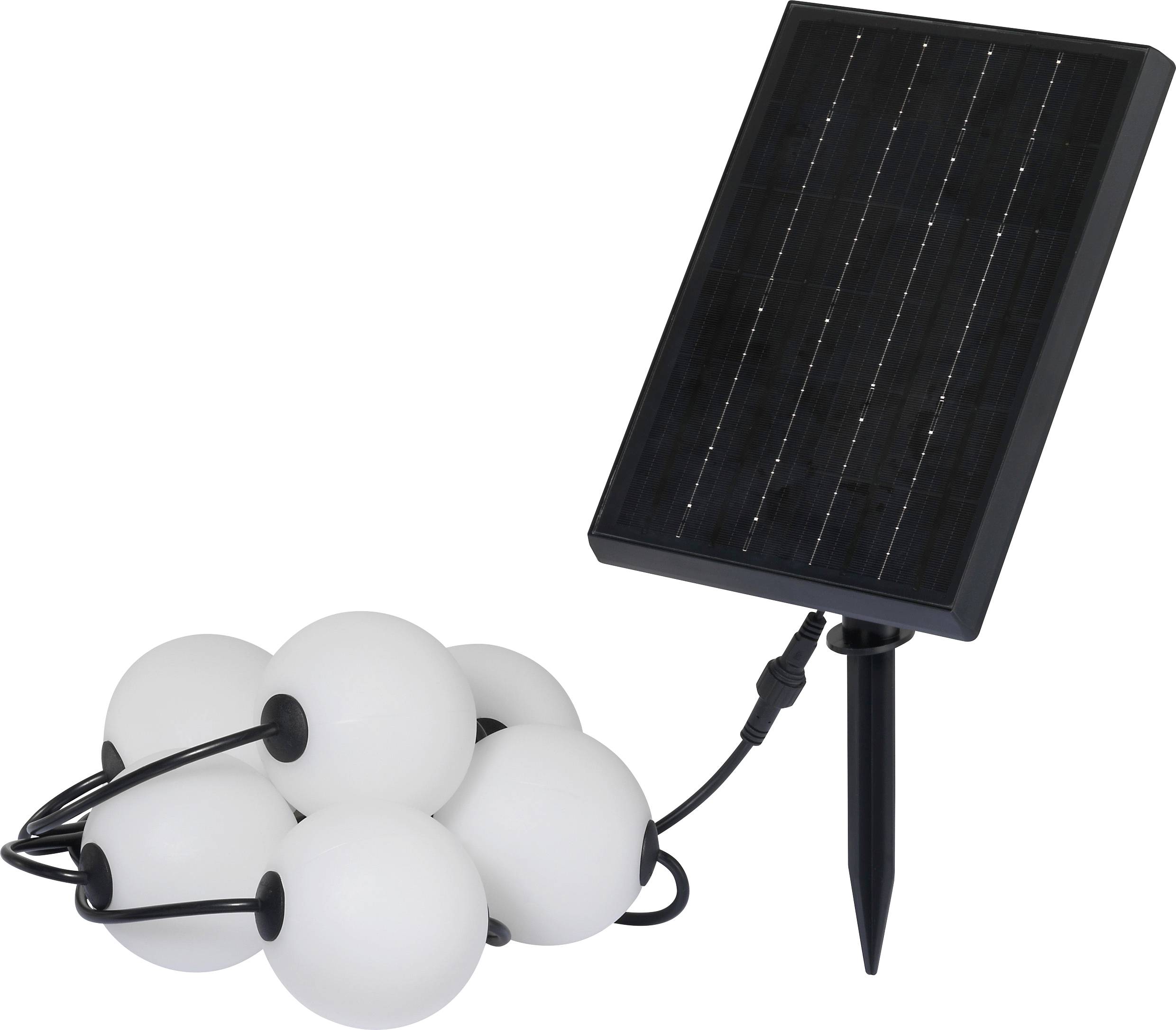 Lampe de jardin solaire avec sept lumières sphériques, reliées par un câble. Un panneau solaire à côté, fixé par un piquet de terre.