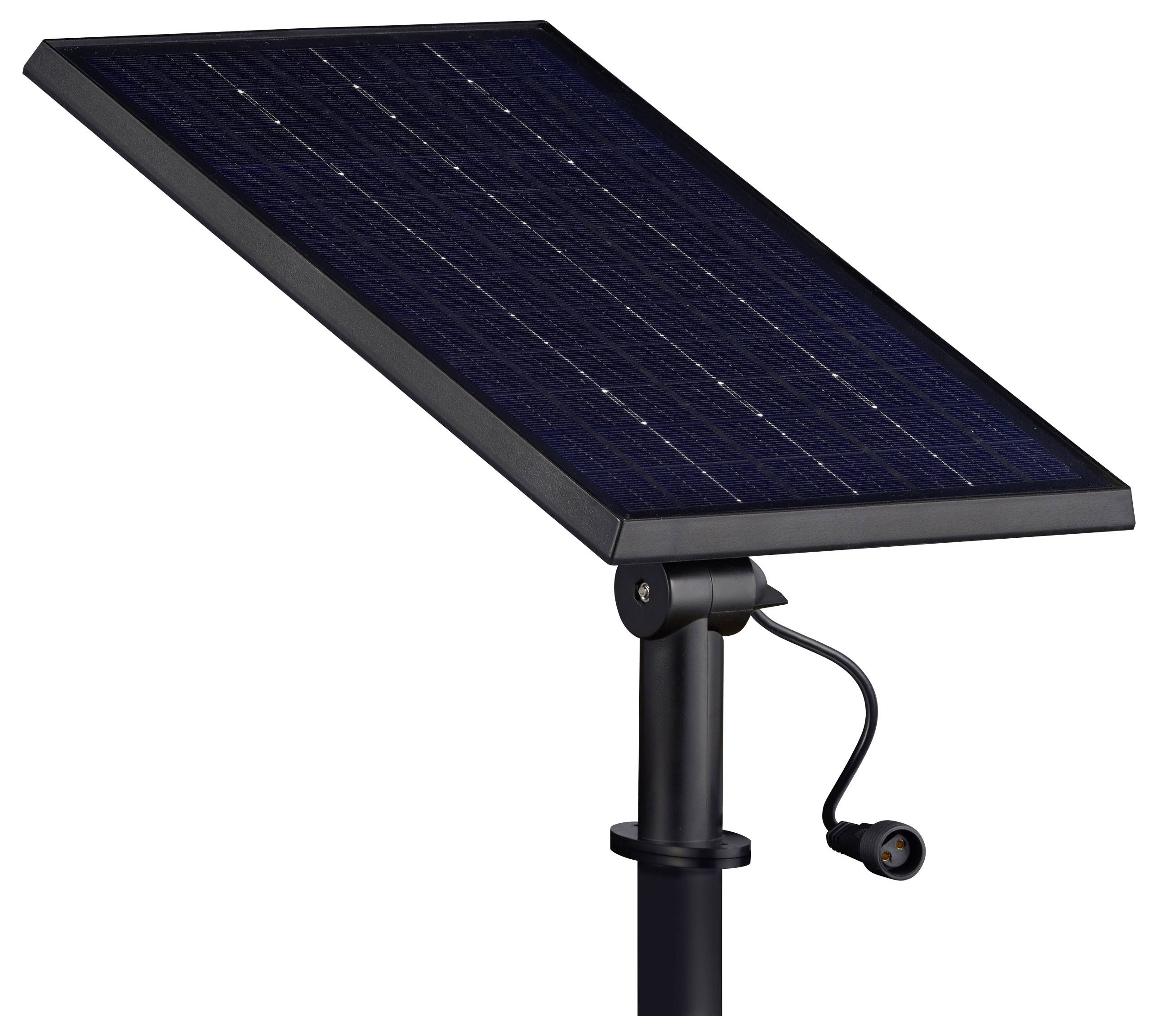Panneau solaire sur un mât, légèrement incliné, avec un câble sortant en bas. Idéal pour l'utilisation de sources d'énergie renouvelables.