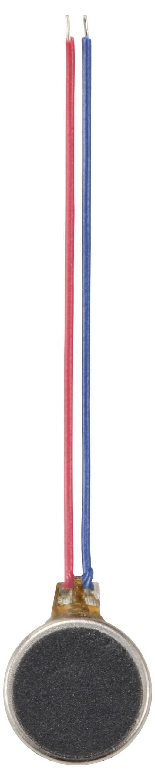 Un moteur vibrant rond et plat, avec des câbles de connexion rouges et bleus, pouvant être utilisé pour des projets électroniques.