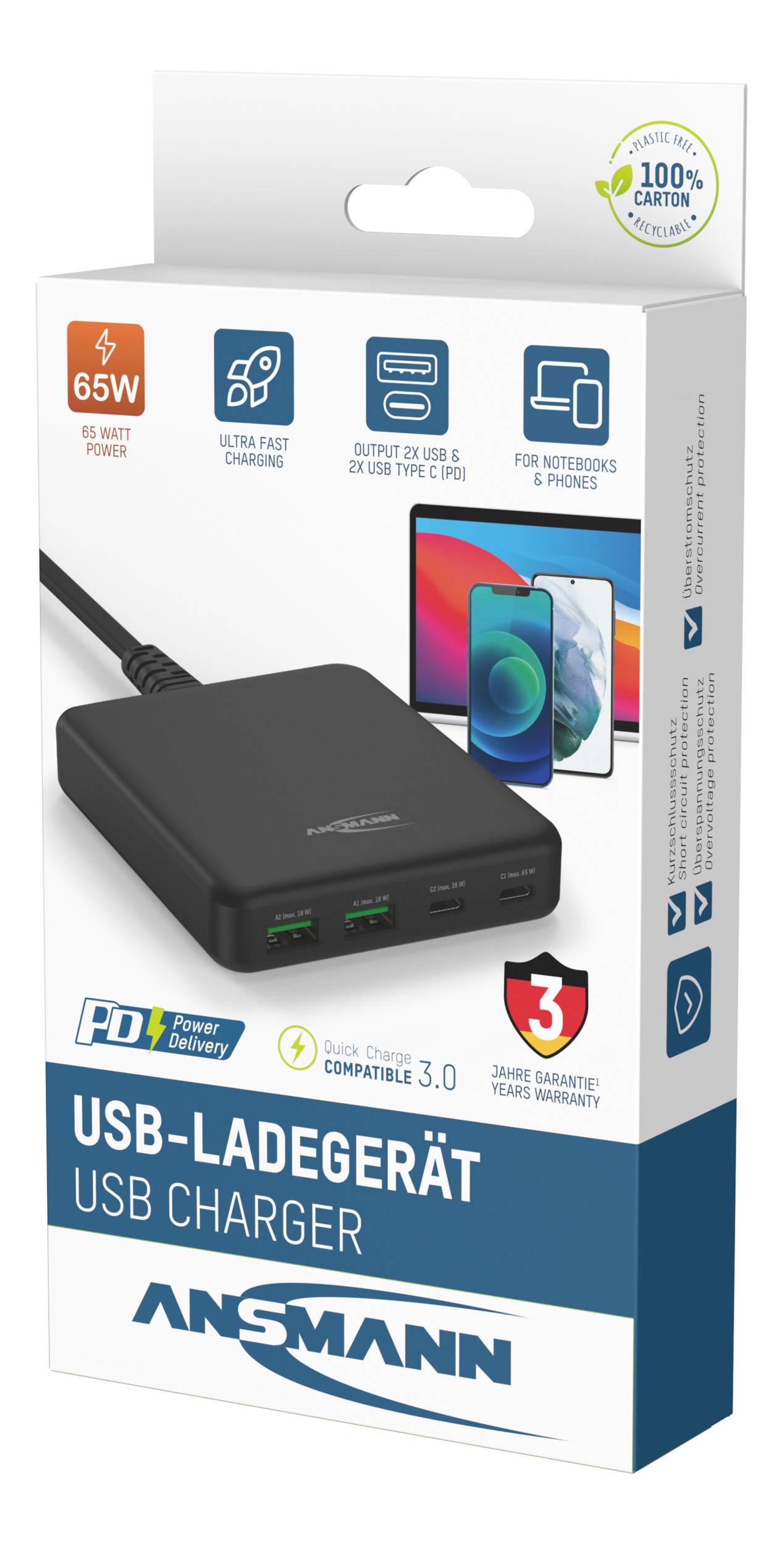 Chargeur USB Ansmann en emballage blanc. Adapté aux ordinateurs portables et téléphones mobiles, offrant une puissance de 65W et doté de deux ports USB.