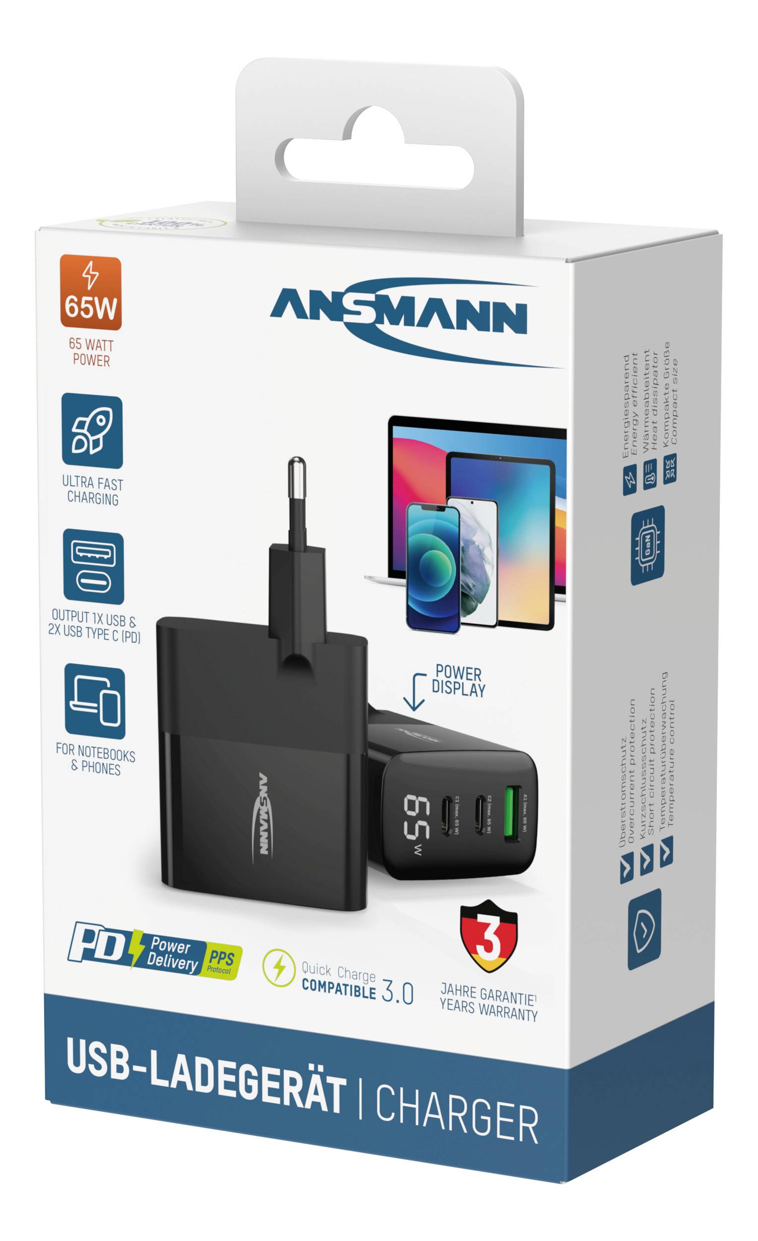 'Chargeur USB Ansmann, 65 Watts, compatible USB-C, charge rapide, pour ordinateurs portables & smartphones, garantie 3 ans.'