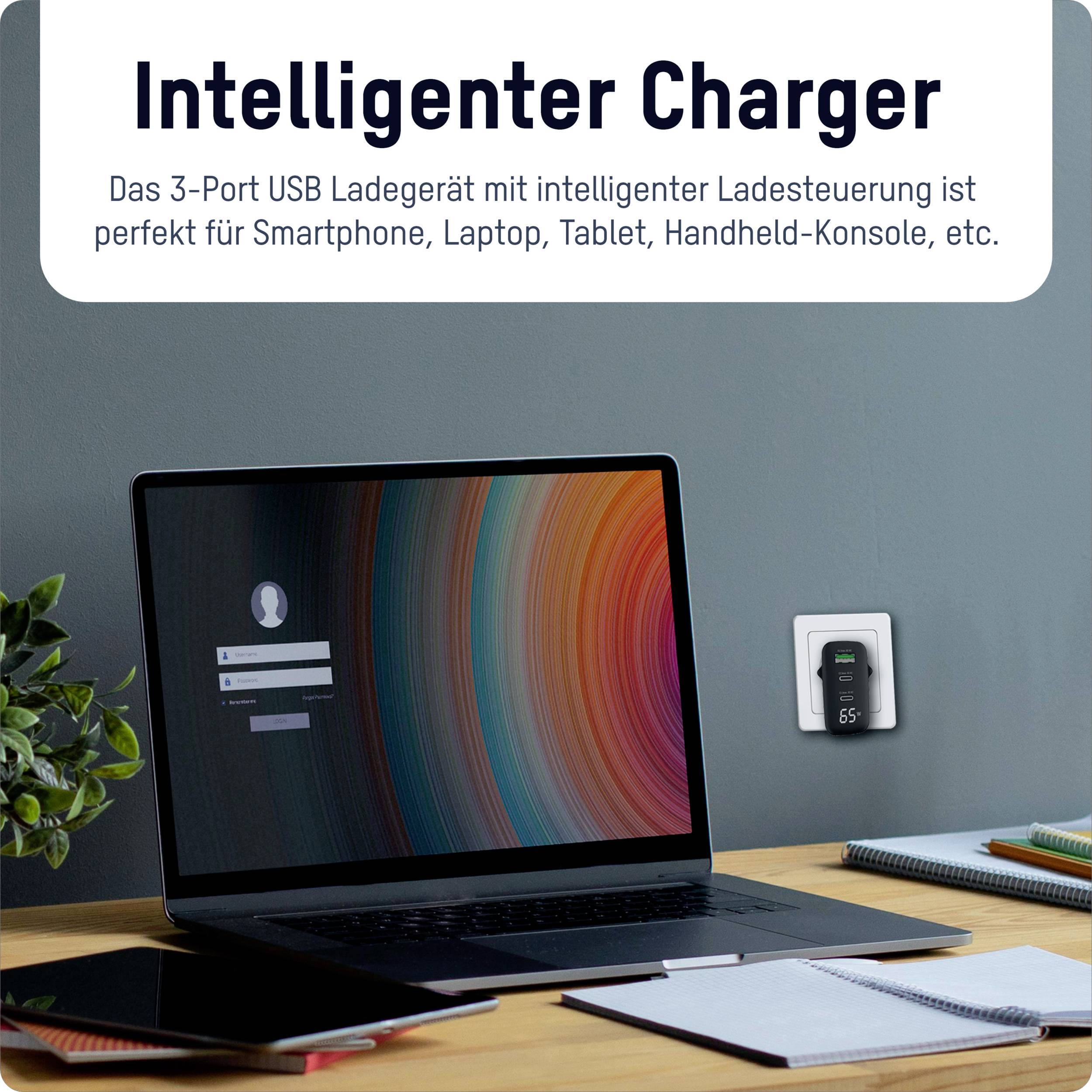 Un ordinateur portable sur une table, à côté d'un chargeur USB intelligent à 3 ports branché au mur. Texte : 'Chargeur intelligent'.