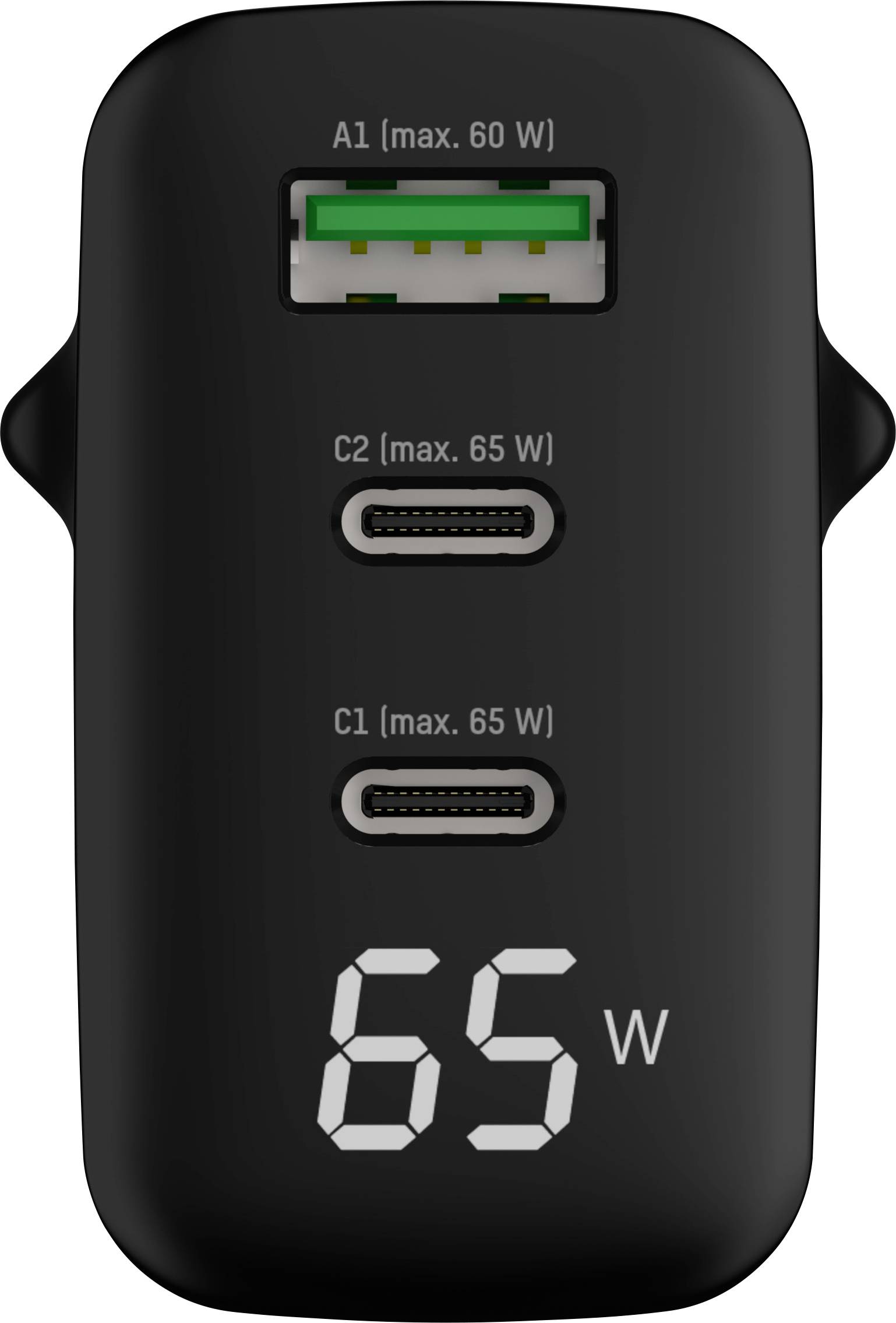 Chargeur noir avec affichage '65 W' et trois ports : un USB-A (max. 60 W) et deux USB-C (chacun max. 65 W).