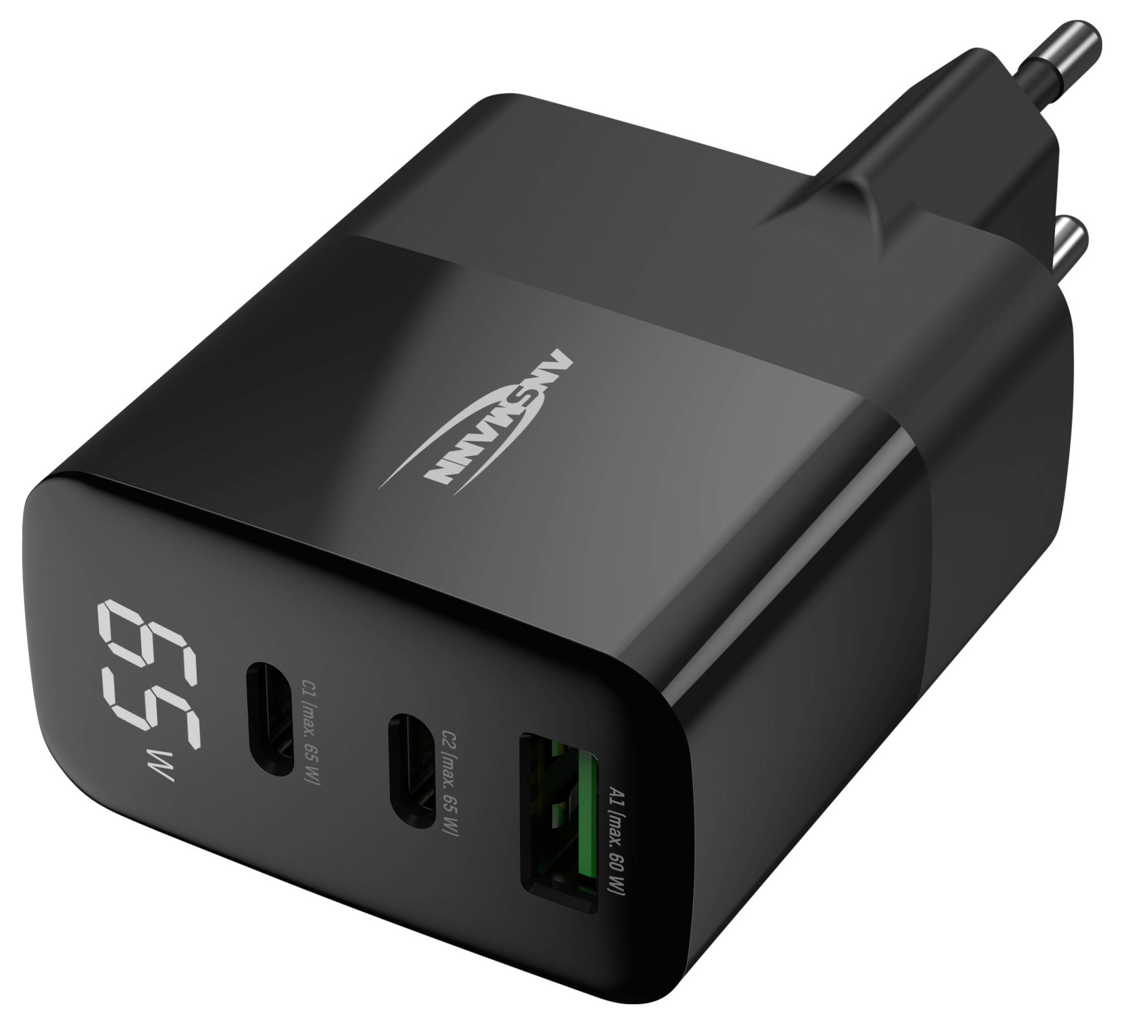 Chargeur USB noir avec fiche européenne, affichant une puissance de 65 W, doté de deux ports USB-C et d'un port USB-A.
