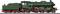 Une locomotive à vapeur verte avec des roues rouges est arrêtée sur les rails. Elle a une grande cheminée et un tender noir à charbon.