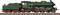 Une locomotive à vapeur verte avec des roues rouges sur une voie ferrée, illustrant une technique ferroviaire classique.