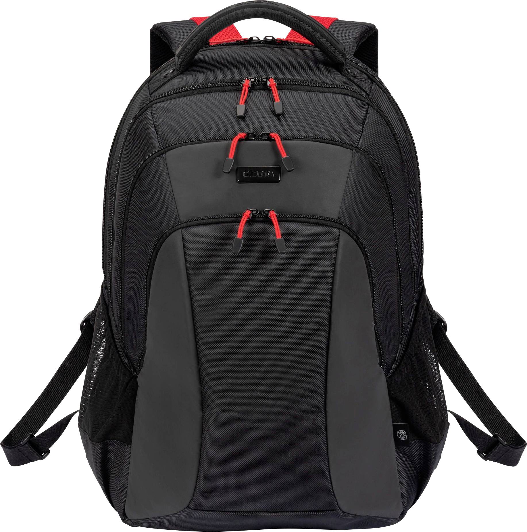 Un sac à dos noir avec plusieurs compartiments et des fermetures éclair rouges sur l'avant. Idéal pour l'école ou les voyages.