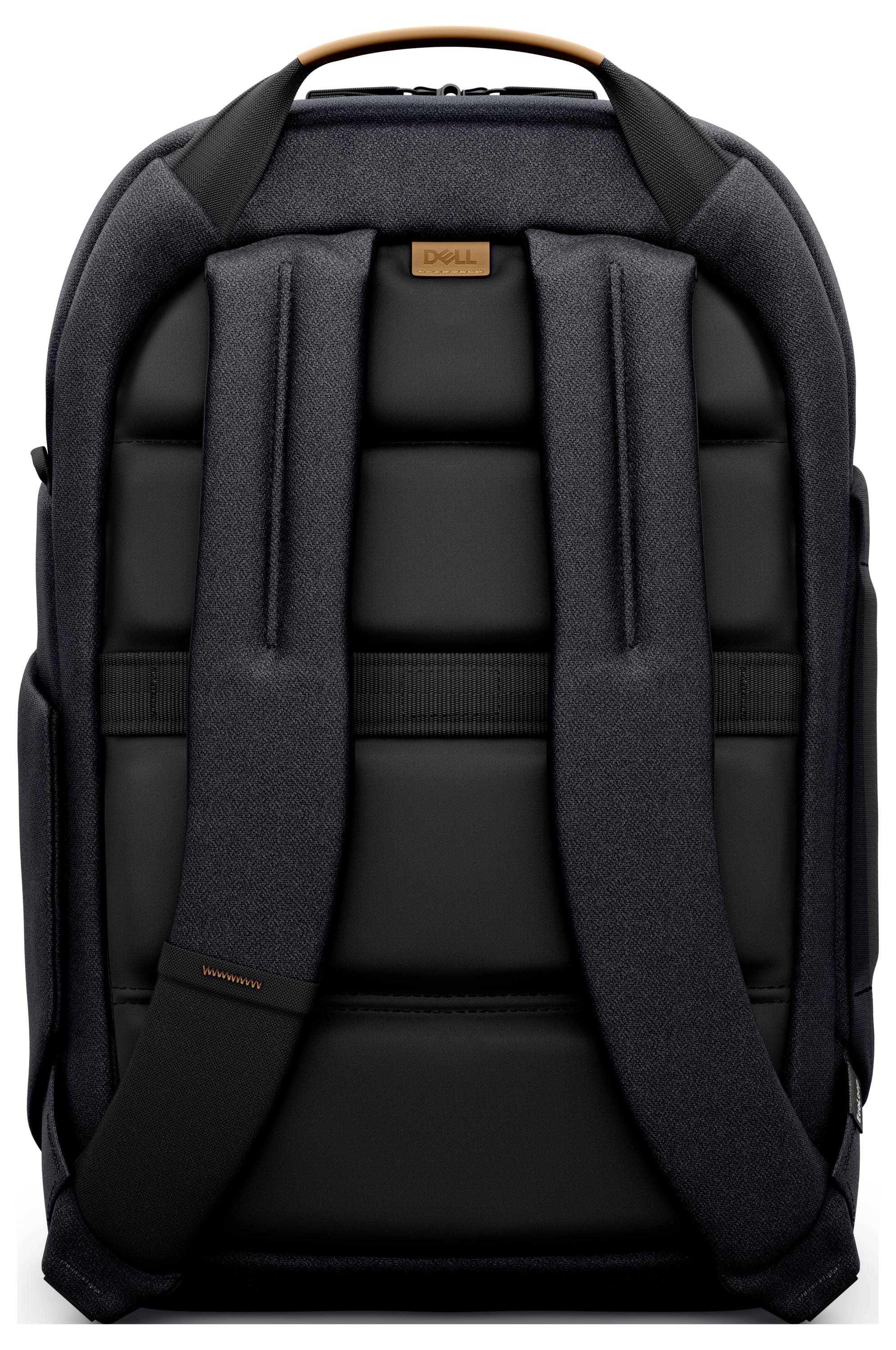 Sac à dos pour ordinateur portable noir avec sangles d'épaule rembourrées et une poignée en cuir.