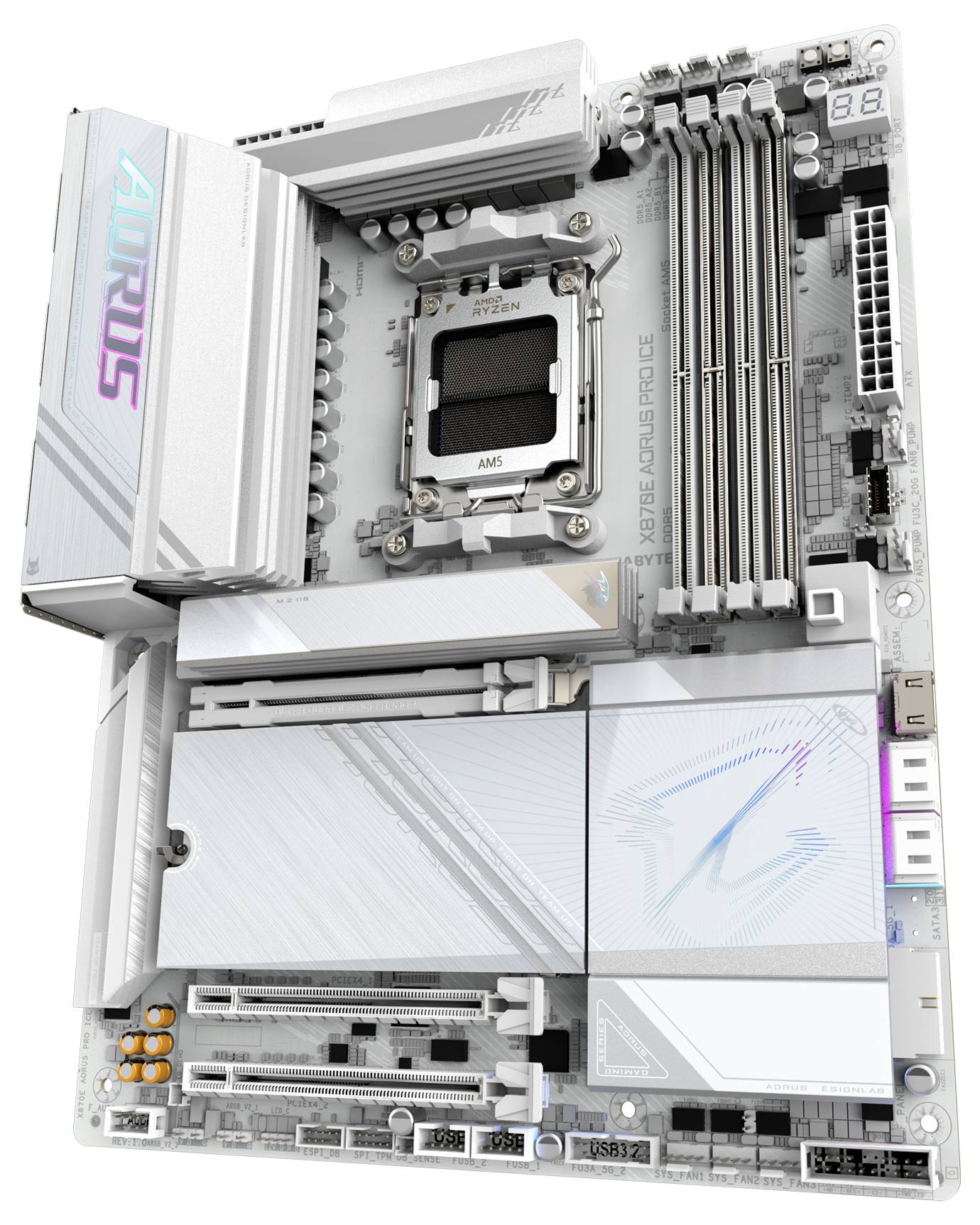 Carte mère avec plusieurs emplacements de mémoire, dissipateurs thermiques et connecteurs. Contient un logo 'AORUS'. Design moderne pour matériel informatique.