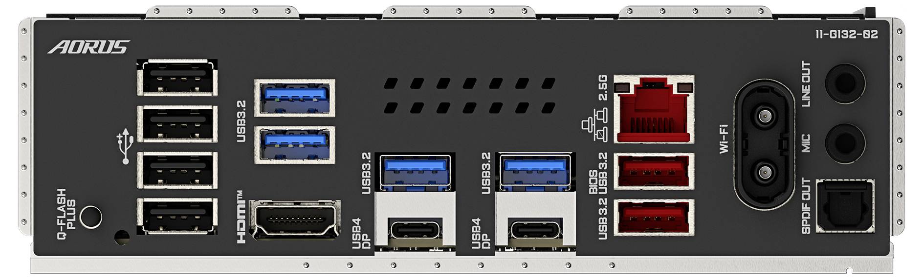 Connecteurs et ports à l'arrière d'une carte mère d'ordinateur ; ports USB, connexions réseau, HDMI, entrées audio.