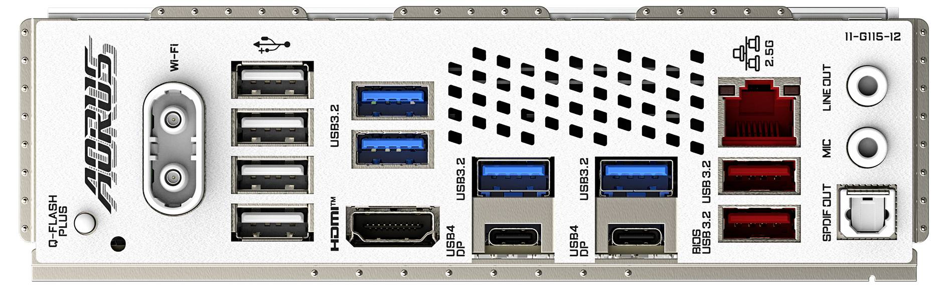Arrière d'une carte mère avec plusieurs ports USB, port Ethernet, HDMI, sortie audio optique et différentes connexions audio.