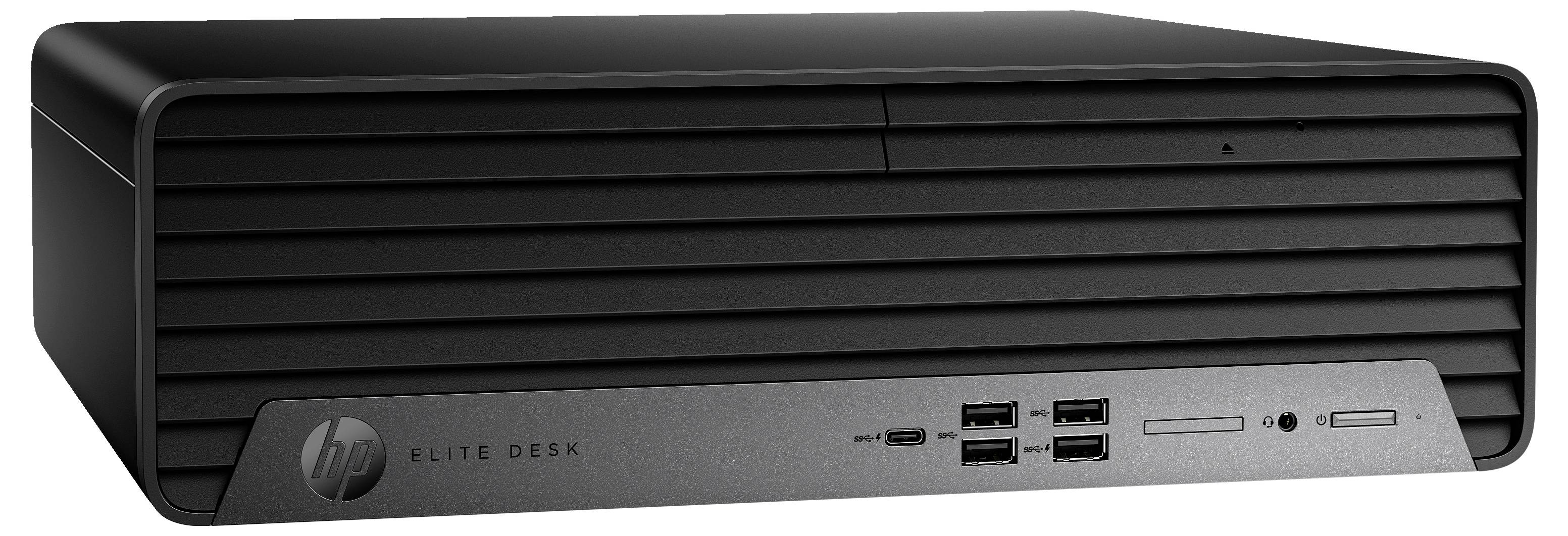 Ordinateur de bureau noir à orientation horizontale, portant l'étiquette 'HP Elite Desk'. La face avant présente des ports de connexion et un bouton marche/arrêt.