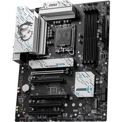'Carte mère avec PCB noir et dissipateurs thermiques argentés. Logo de marque en haut à gauche. Plusieurs emplacements PCIe et banques de mémoire visibles.'