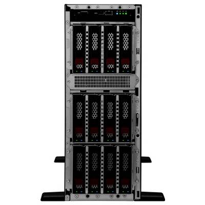 Un rack serveur avec plusieurs baies de disques durs et des voyants verts d'état en partie supérieure.